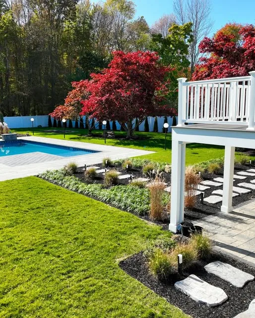 Inground pool with a paver surround, planting beds and red Japanese maples