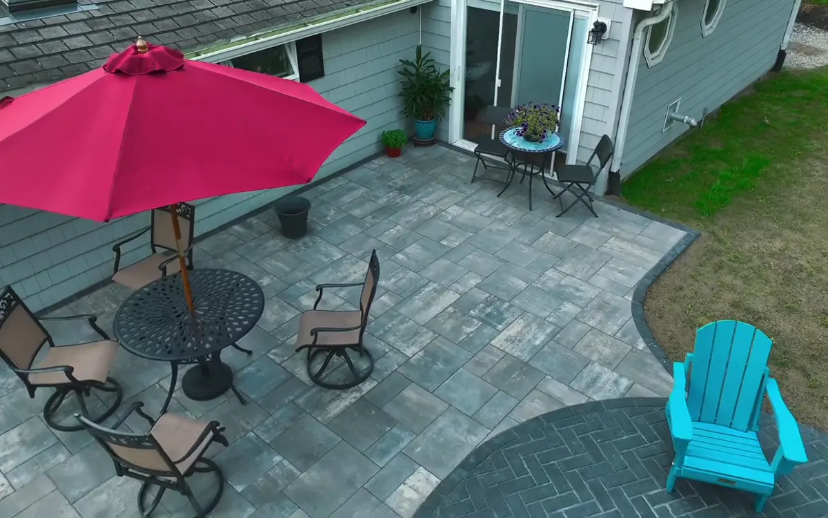 Aerial view of the relationship between a patio, paths and surrounding lawn